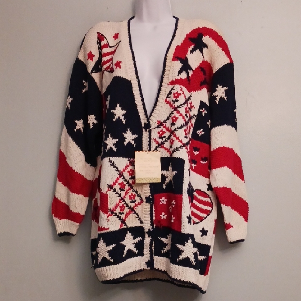 Stitches in time size 2X women's   red,white, and blue cardigan sweater (Flaw).